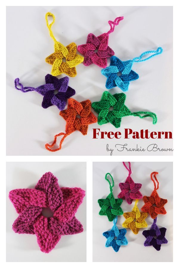 four crocheted stars are shown with the text free pattern on top and bottom