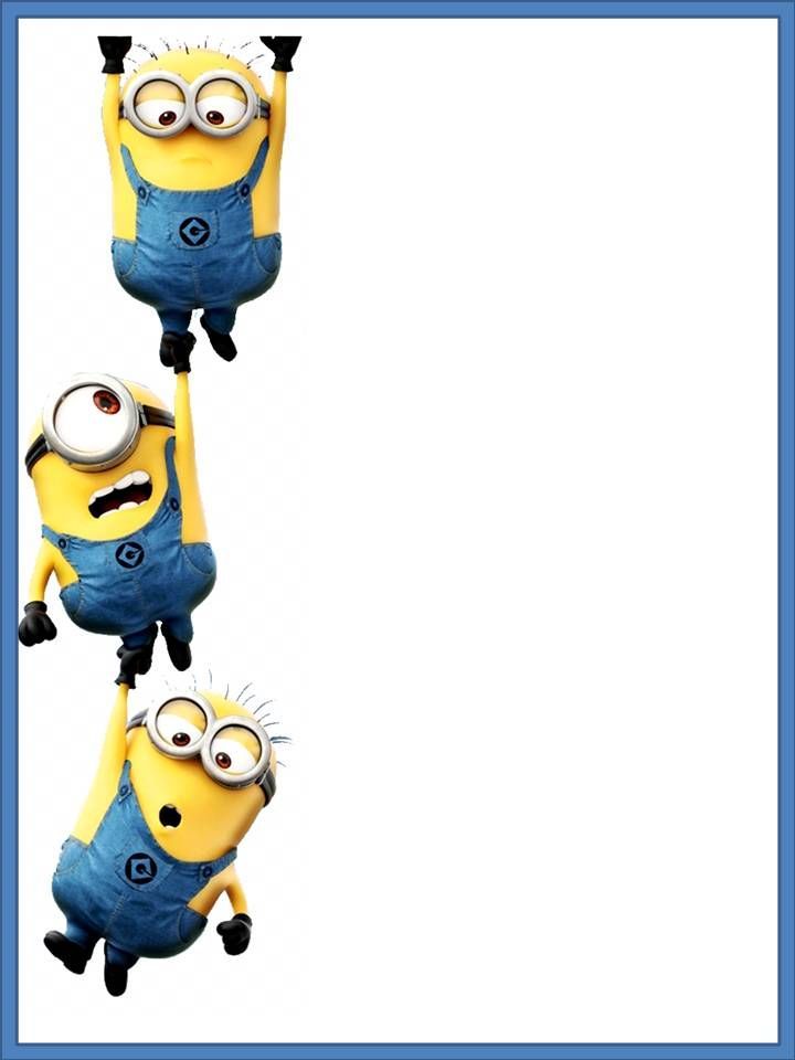 three minion characters are flying through the air in front of a white background with blue border