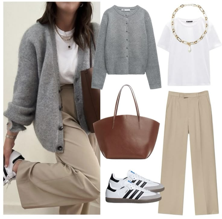 Outfits With Grey Cardigan, Looks Adidas, Mode Tips, Gray Cardigan, Mode Casual, Stylish Work Outfits, Mode Inspo, Casual Work Outfits, Looks Chic