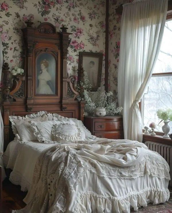 an old fashioned bedroom with floral wallpaper and white linens on the bedding