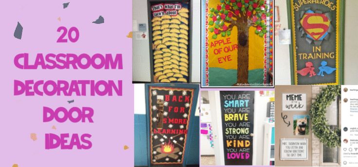 a collage of classroom decoration and door decorations