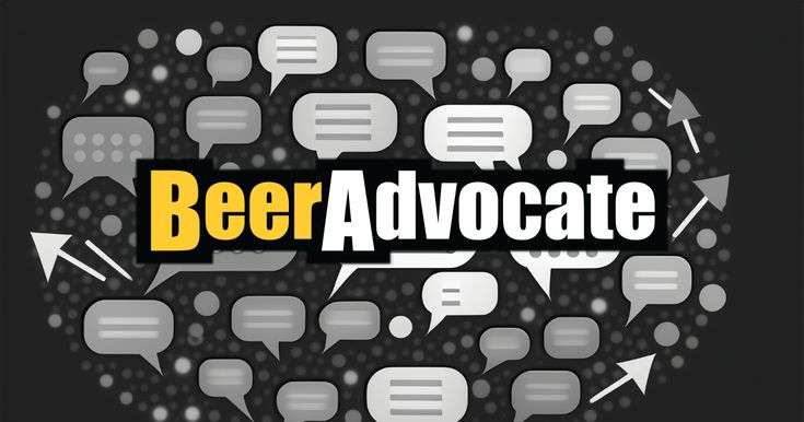 the words beer advocate surrounded by speech bubbles and arrows in black and white