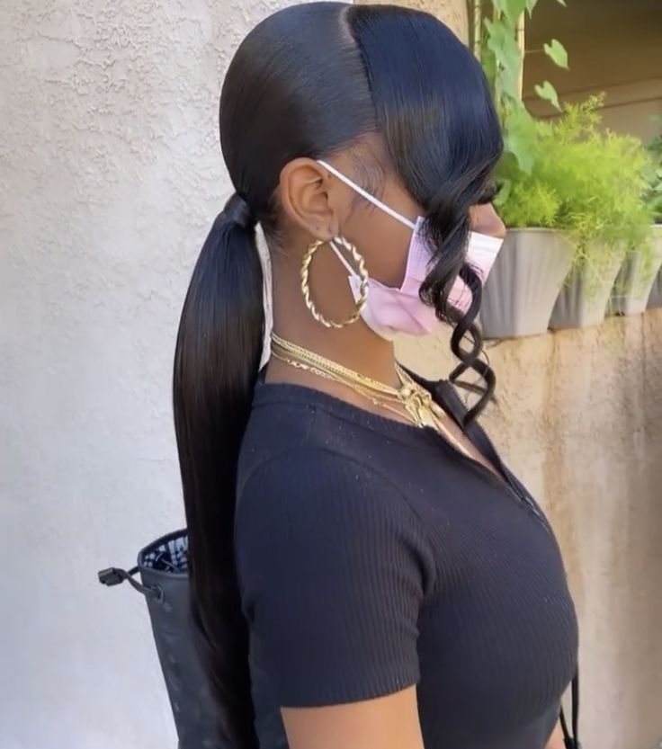 Slick Back Ponytail Weave With Bangs, Side Bangs Hairstyles Black Women, Low Ponytail With Bangs, Ponytail Black Women, Black Bridesmaids Hairstyles, Low Ponytail Hairstyles, Slick Ponytail, Black Ponytail, Slicked Back Ponytail