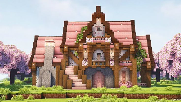 Ldshadowlady Minecraft Houses, Cottages Minecraft Houses, Pink Survival House Minecraft, Pink And Red Minecraft House, Pink Cabin Minecraft, Kawaii Mc Builds, White And Purple Minecraft House, Bamboo Wood Minecraft, Minecraft Villagers House Ideas