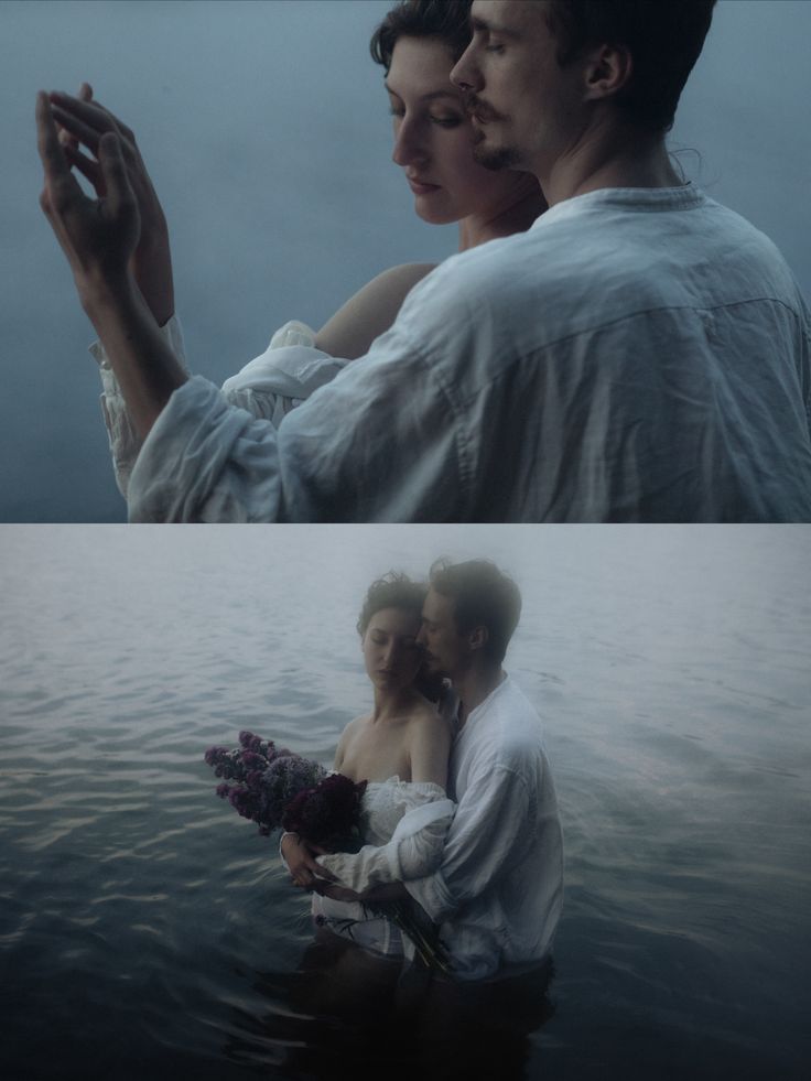 two pictures of a man and woman in the water, one is holding a bouquet