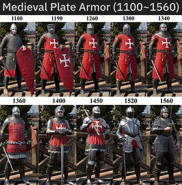 the medieval plate armor is shown in four different stages, and there are several variations to choose from