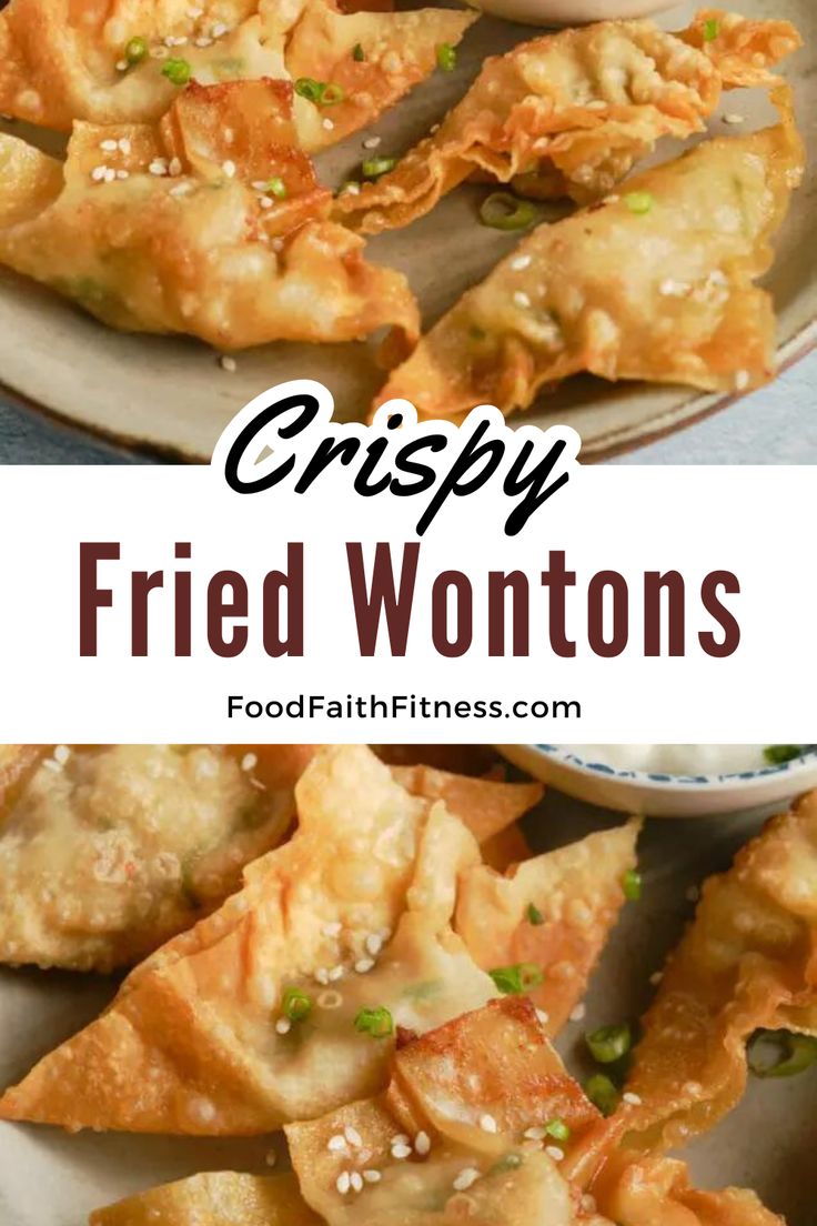 crispy fried wontons on a plate with dipping sauce