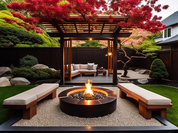 an outdoor fire pit surrounded by grass and trees