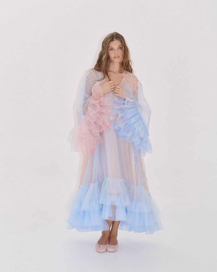 48 Tulle Dress With Lace Trim For Dress-up, Feminine Long Sleeve Organza Dress, Spring Gown With Sheer Bodice, Long Sleeve Gown With Ruffles, Long Sleeve Organza Dresses For Spring, Long Sleeve Gown With Ruffles For Dress-up, Flowy Tulle Summer Dress, Lace Evening Dress For Summer, Sheer Long Sleeve Gown For Evening