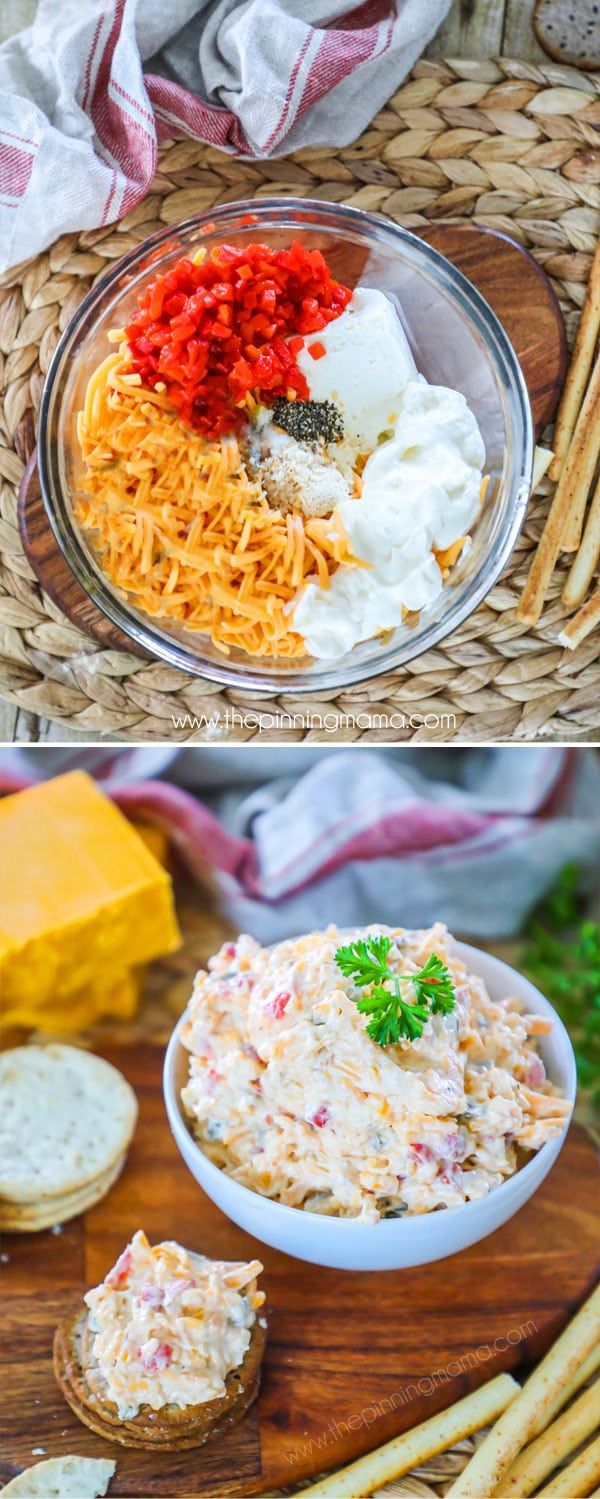 two pictures showing different types of food in bowls and bread sticks on a table with cheese, crackers and tomatoes