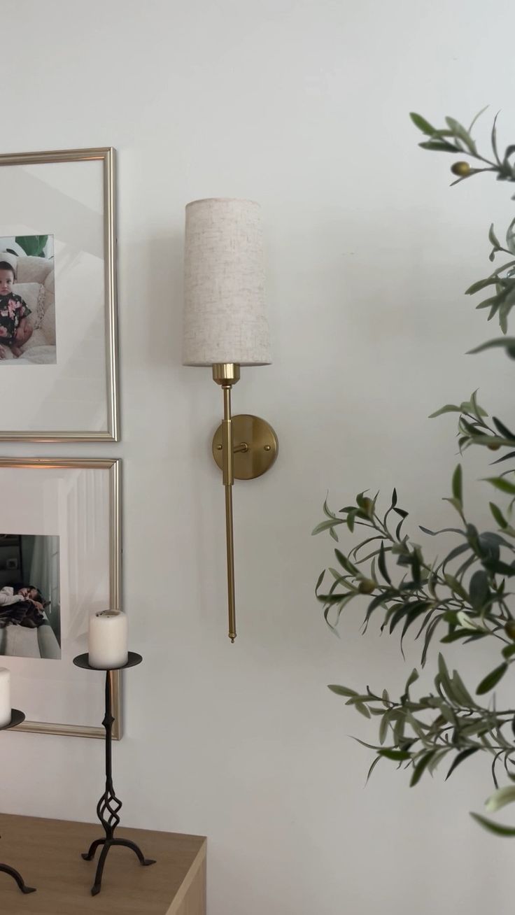 a living room with two pictures on the wall and a lamp next to it in front of a potted plant