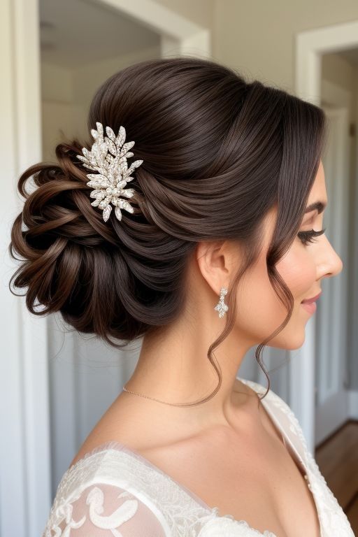 a woman wearing a bridal hair comb in her wedding dress, looking off to the side