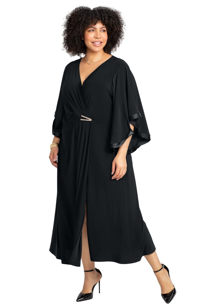 Next time you're asked to give your best party pose, may we suggest our V-Neck Twist Maxi Dress. It puts its own spin on a special occasion look, like its dramatic surplice wrap V-neckline, satin trim dolman sleeves and a high side slit opening. Later when you need to be ready for your close-up, you'll know what to wear. FABRIC: Soft, smooth fabric skims the body beautifully without clinging. Has the perfect of amount of comfortable stretch. FIT: Easy, relaxed silhouette. Surplice wrap V-necklin Best Party, Swimsuits For All, Plus Size Dress, Special Occasion Dresses, Occasion Dresses, Plus Size Dresses, What To Wear, Dress Shop, Close Up