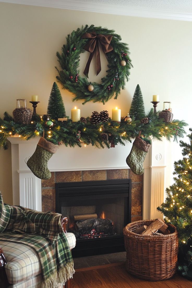 a living room decorated for christmas with stockings and wreaths