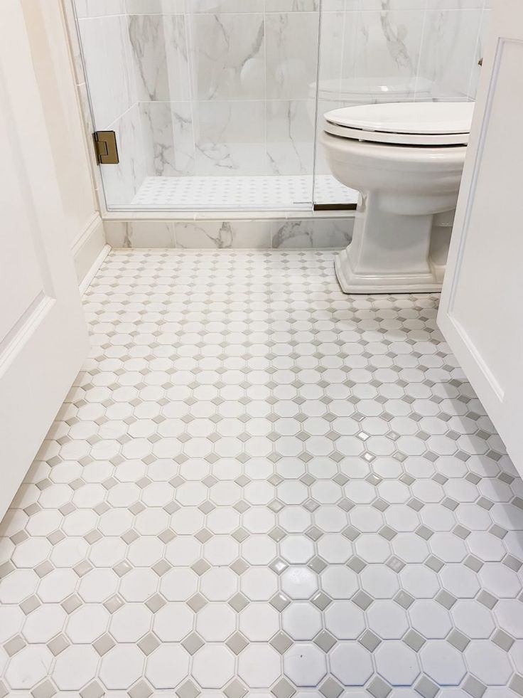 a white toilet sitting next to a walk in shower