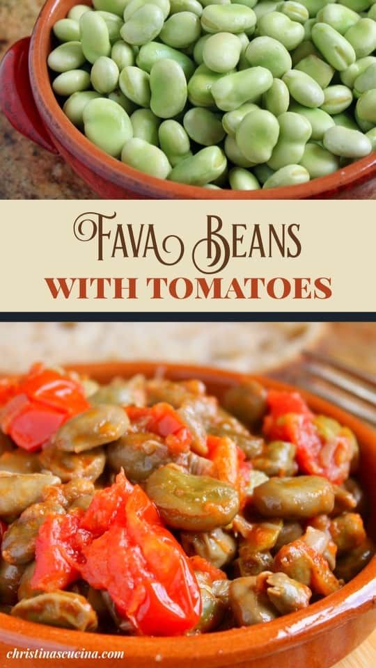 green beans and red peppers in a bowl with text overlay that reads fava beans with tomatoes