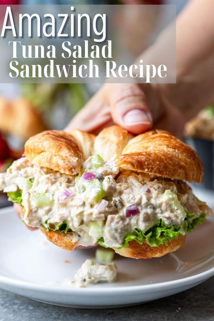 a sandwich with chicken salad on it sitting on a white plate