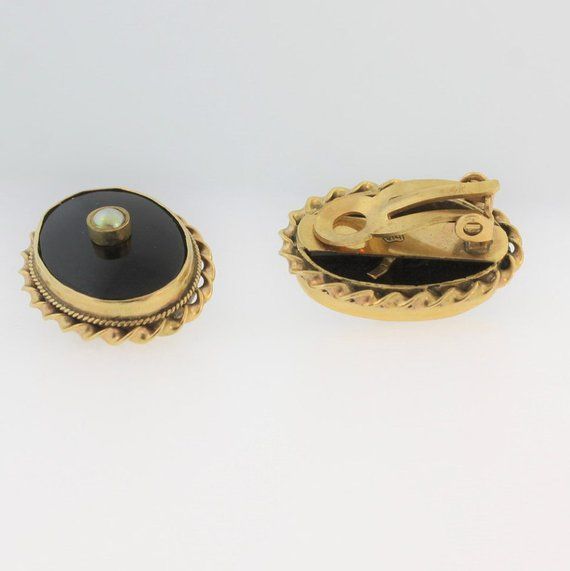 60s Onyx And Pearl Oval Clip-on Earrings- 14k Yellow Gold Luxury Oval Jewelry For Opera, Oval Cabochon Earrings For Evening, Formal Clip-on Earrings With Oval Cabochon, Victorian Oval Jewelry For Evening, Formal Oval Clip-on Earrings, Fine Jewelry Oval Cabochon Earrings, Formal Oval Cabochon Earrings With Polished Finish, Classic Oval Cabochon Clip-on Earrings, Formal Oval Link Polished Earrings