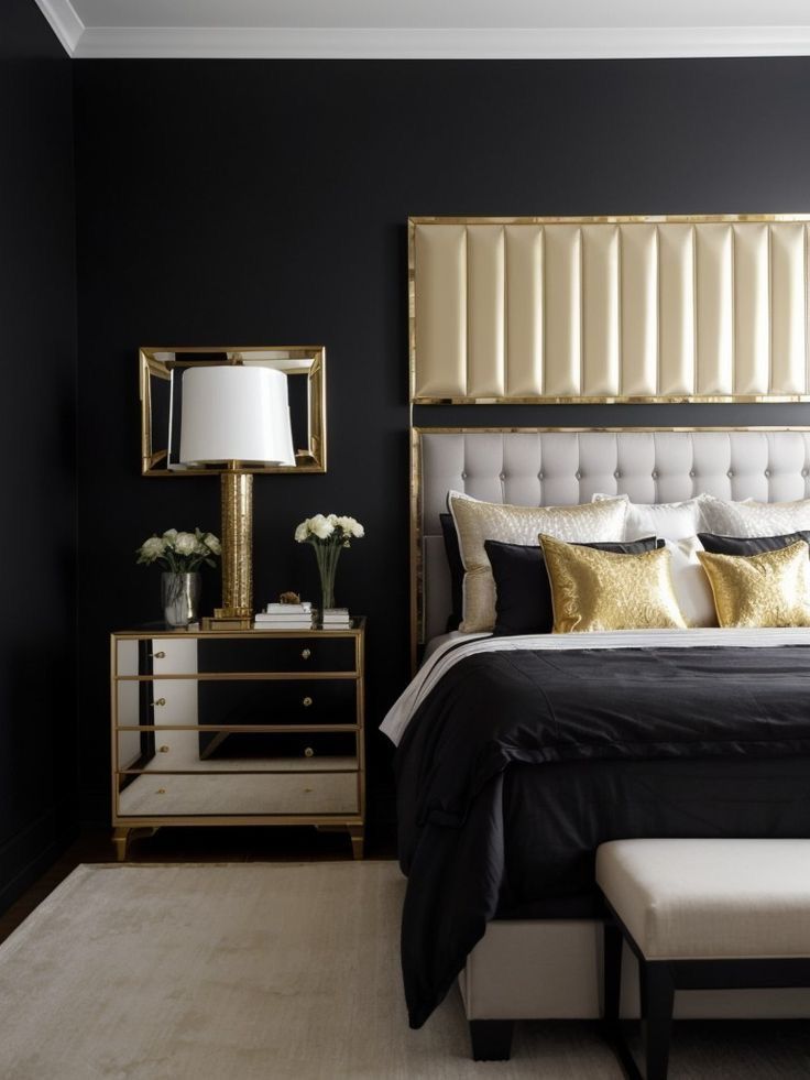 a bedroom with black walls and gold accents on the headboard, white bedding, and an upholstered bench