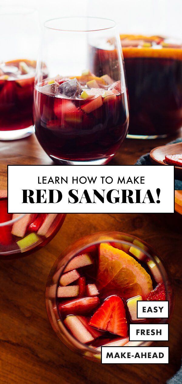 red sangria with fresh fruit in the middle and text overlay that reads learn how to make red sangria