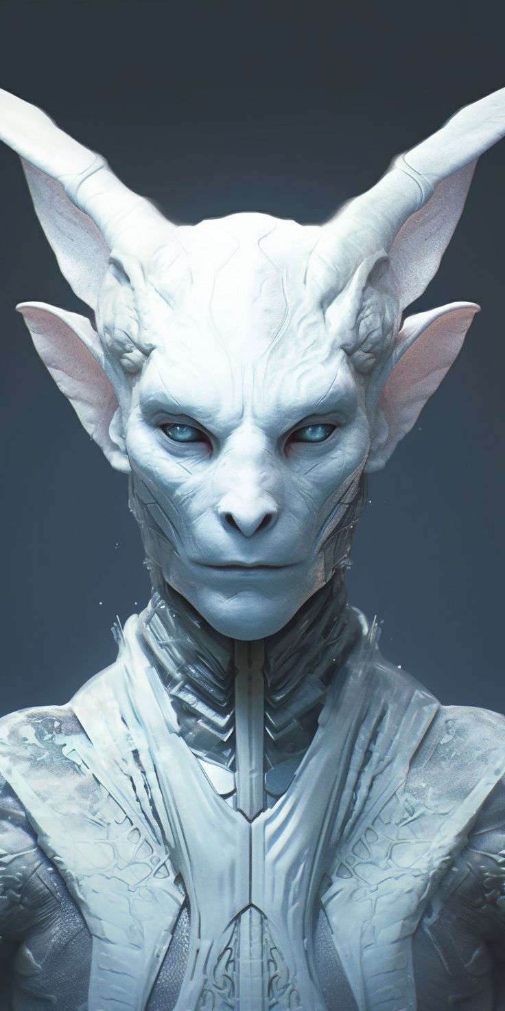 an image of a white creature with blue eyes and horns on his head, standing in front of a dark background