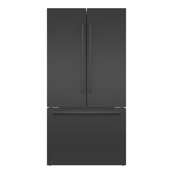 a black refrigerator freezer sitting on top of a white wall