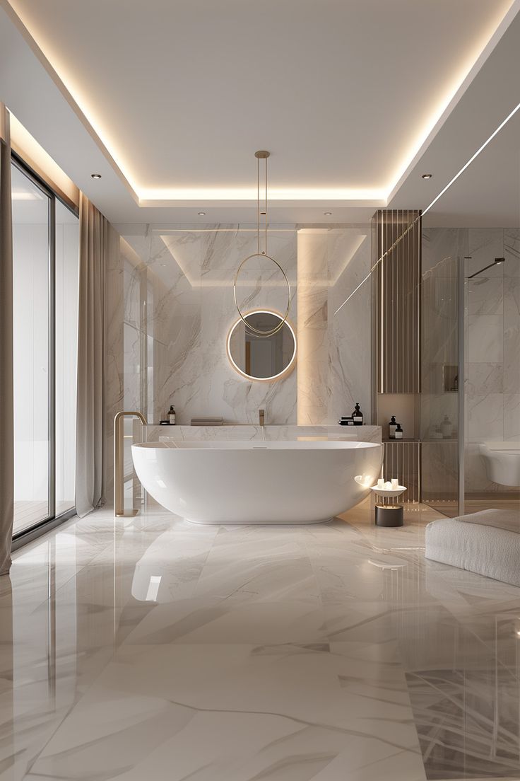 an elegant bathroom with marble flooring and large tub in the center, lighted by recessed lighting