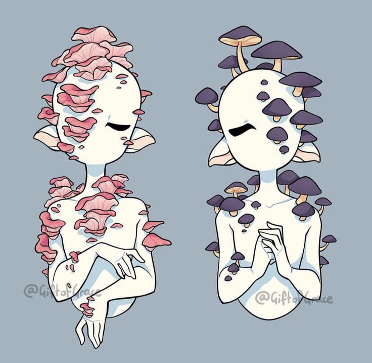 two women with different colored hair and mushrooms on their heads