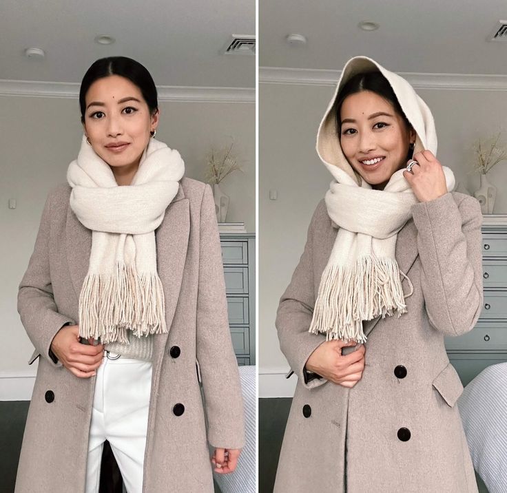 How to style women's scarf as a hat tiktok hack // cream + taupe winter outfit Winter Scarf Tying, Petite Aesthetic, Tie Hack, Ways To Style A Scarf, Scarf Hoodie, Style A Scarf, Native Outfits, Scarf Hood, Mango Coats