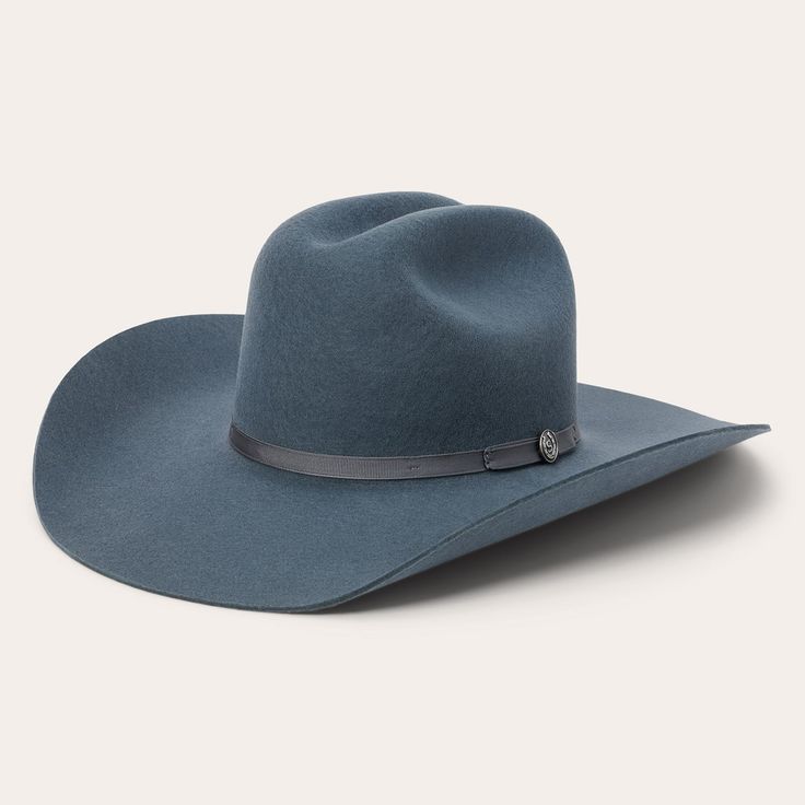 This western-inspired fashion hat brings a welcome pop of Cowboy Core to any look. Its classic silhouette features a 4 5/8" cattleman crown, 4” brim and grosgrain hat band. Handmade in the U.S.A. with a firm finish from high-quality wool felt, it’s finished with a moisture-wicking DRI-LEX® sweatband and satin liner for a comfortable, all-day fit. 4 5/8" Cattleman Crown 4" Brim Grosgrain Hat Band DRI-LEX® Absorbent Sweatband Satin Liner Firm Finish 100% Wool Handmade in the U.S.A. Denim Cowboy Hat, Blue Cowboy Hat, Cowboy Core, Felt Cowboy Hats, Country Concert Outfit, Denim Boots, Country Concert, Denim Outerwear, Wool Handmade