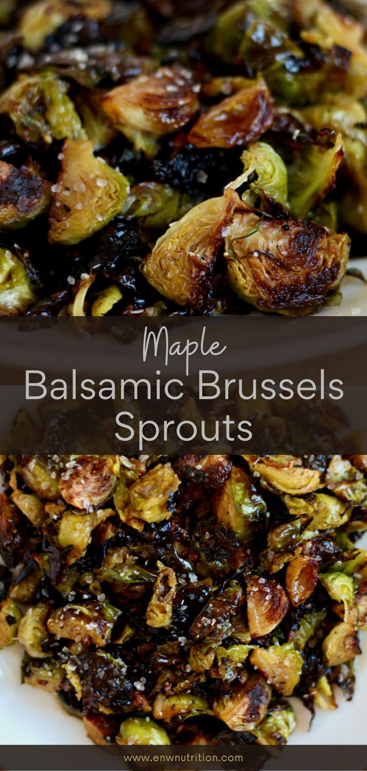 maple balsamic brussel sprouts on a white plate with text overlay