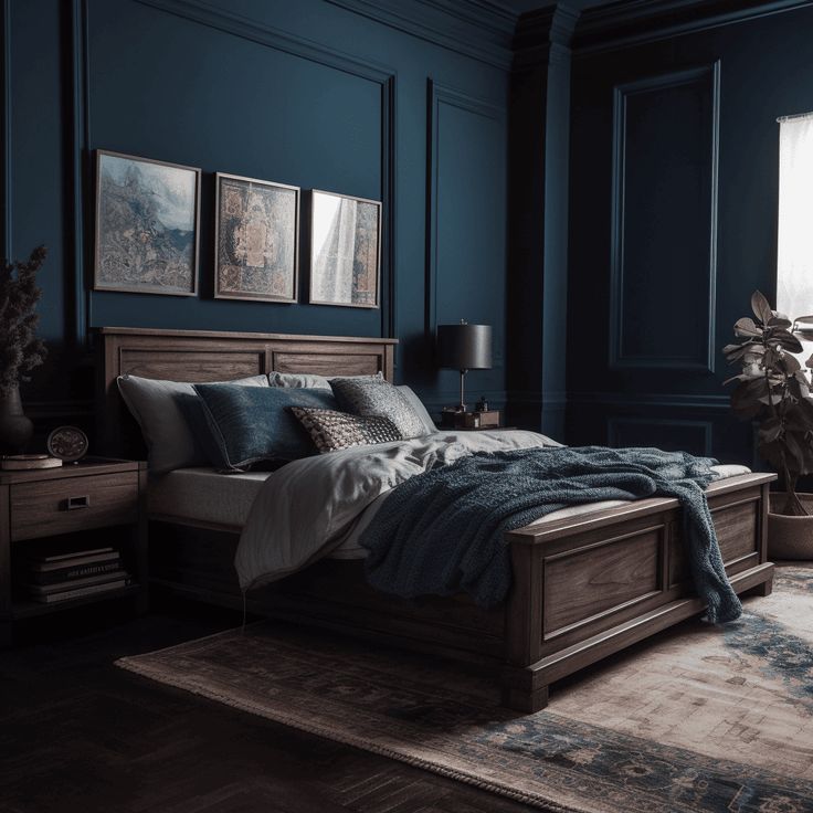 a bedroom with dark blue walls and wooden bed frame in the middle, along with an area rug on the floor