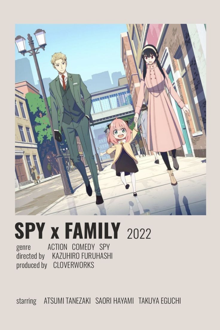 the poster for spy x family, which features two people walking down a city street