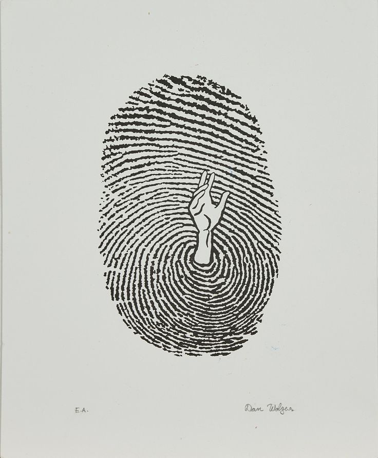 a fingerprint with a person standing in the center and an image of a hand on it