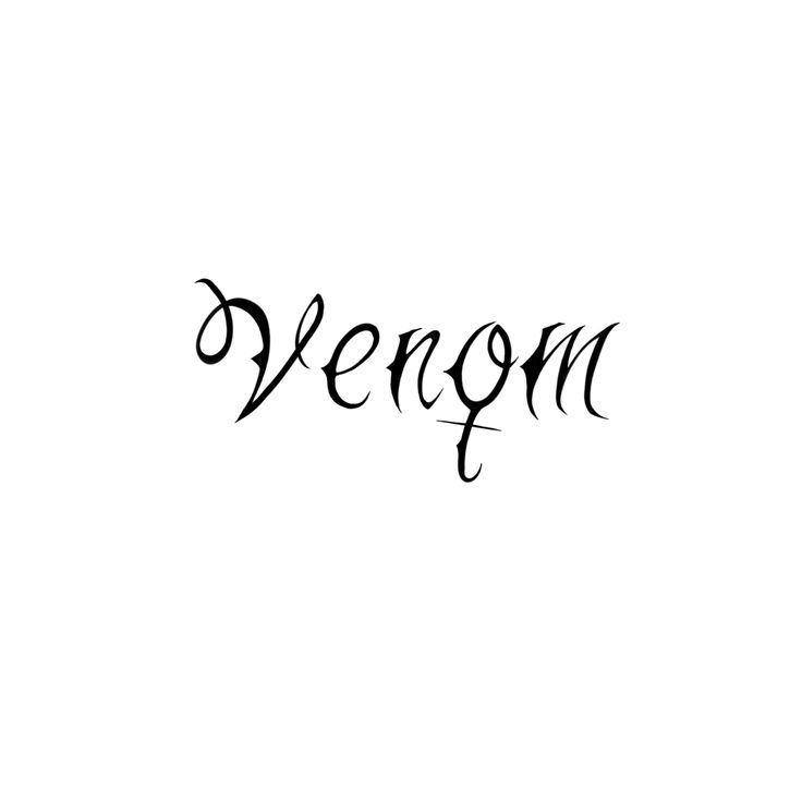 the word venom written in cursive writing on a white background with black ink