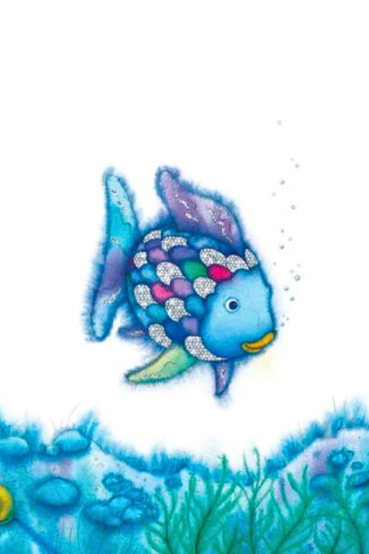 a painting of a blue fish in the ocean with bubbles on it's side