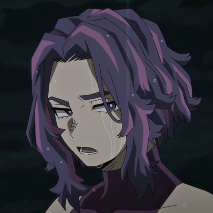 an anime character with purple hair staring at something