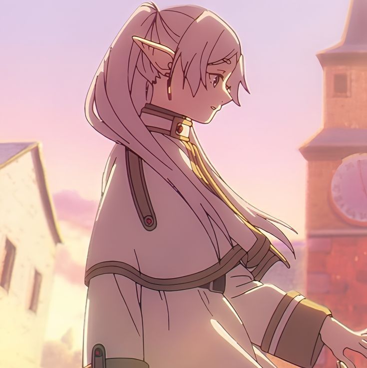 an anime character standing in front of a clock tower with her hand on the ground