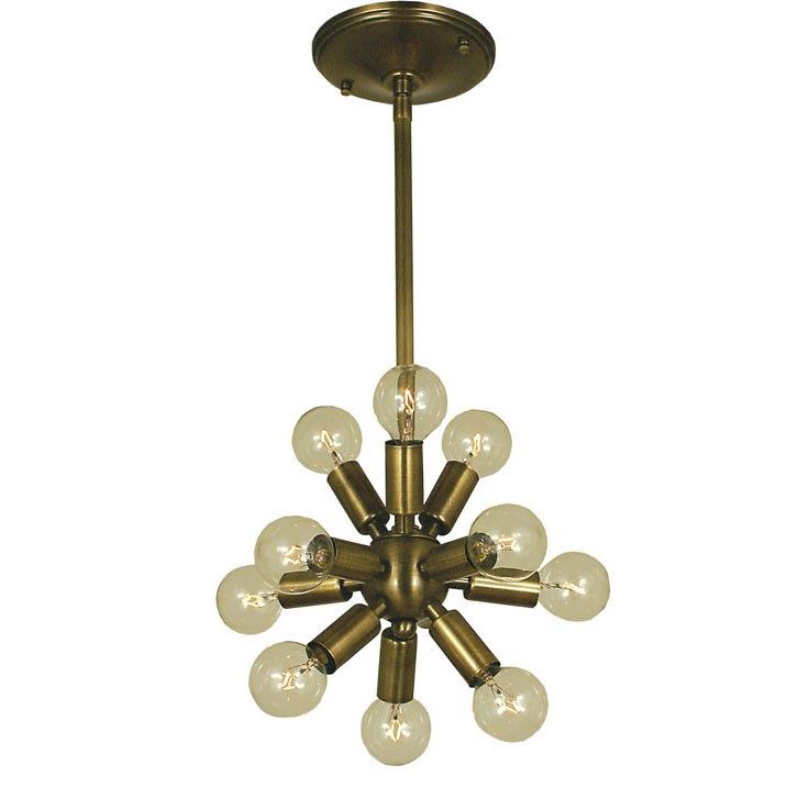 an antique brass chandelier with eight light bulbs