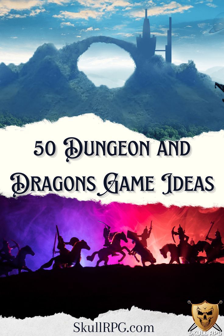 the cover for 50 dragon and dragon game ideas, with silhouettes of people on horseback