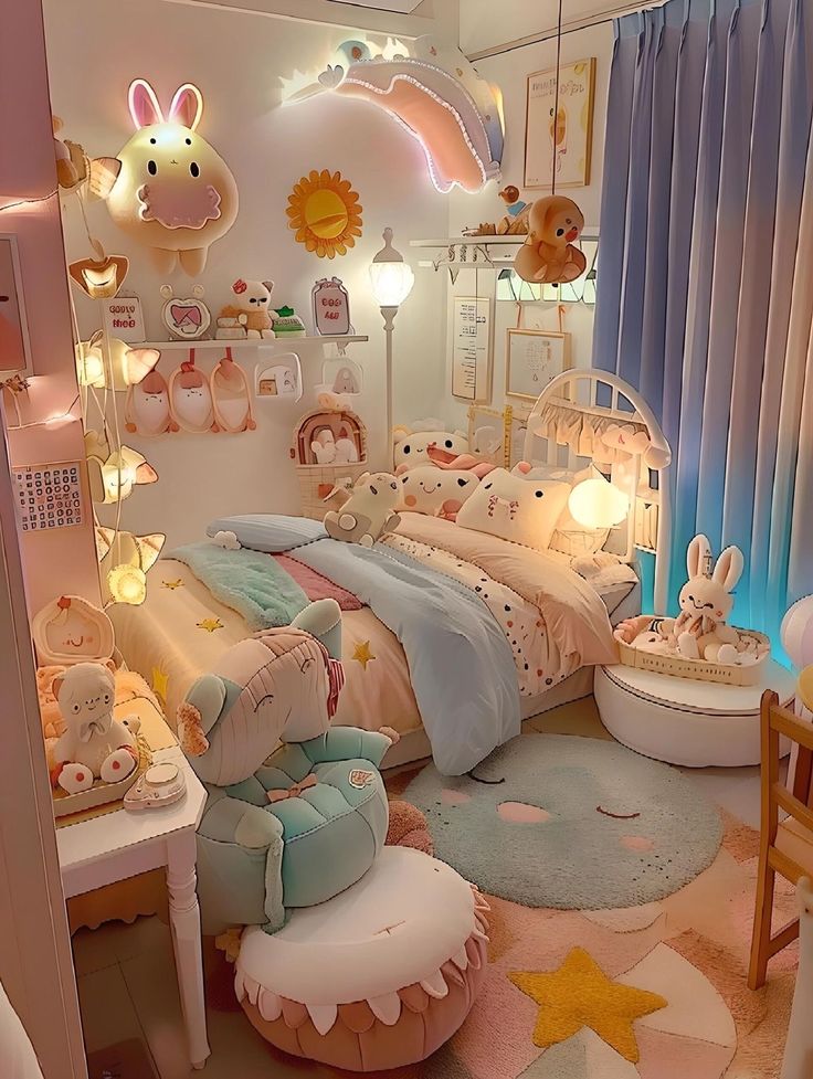 a child's bedroom decorated in pastel colors