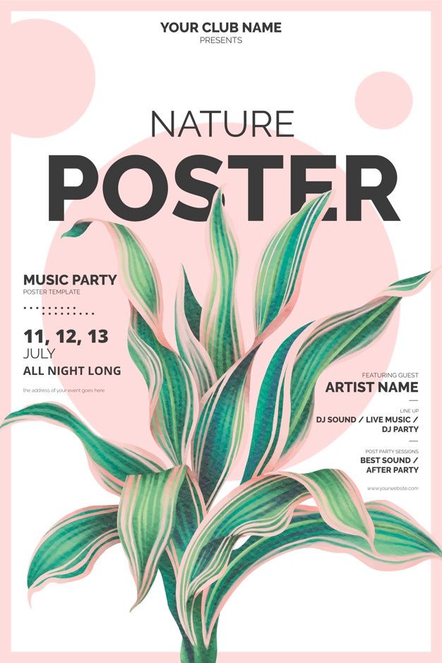 a poster with green leaves on it for a party or club name, and the text'nature poster '