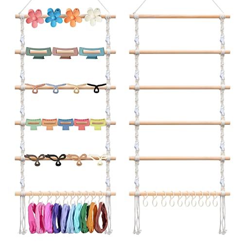 two wooden racks with different colored ties hanging from them