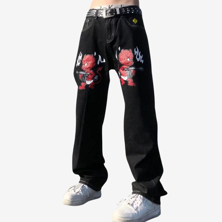 Elevate your street style with our DF| Street Devil Holding Gun Jeans. Featuring a bold print of a devil holding a gun, these jeans are sure to make a statement. Perfect for those who dare to stand out and make a statement in their fashion. Upgrade your wardrobe with these unique and edgy jeans. Features: -86% Cotton, 14% Spandex -Mid-rise waist -Premium denim fabric -Distressed Detail -Regular fit -Retro style Grunge Streetwear Bottoms With Graffiti Print, Grunge Graffiti Print Bottoms For Streetwear, Edgy Streetwear Bottoms With Graffiti Print, Grunge Bottoms For Halloween Streetwear, Grunge Halloween Streetwear Bottoms, Halloween Grunge Streetwear Bottoms, Alternative Graphic Print Pants For Streetwear, Alternative Style Graphic Print Streetwear Pants, Edgy Halloween Streetwear Bottoms