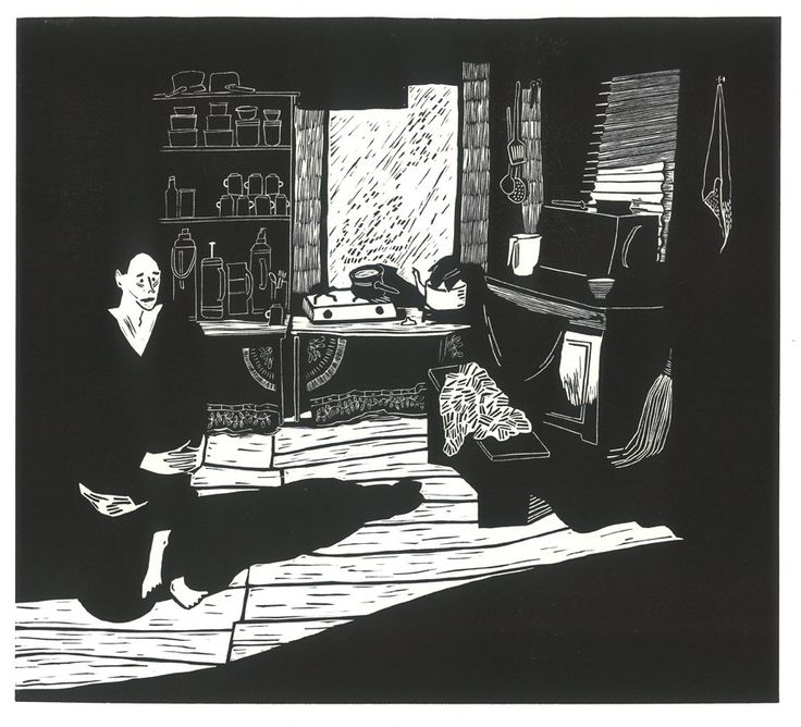 a black and white drawing of two people in a living room