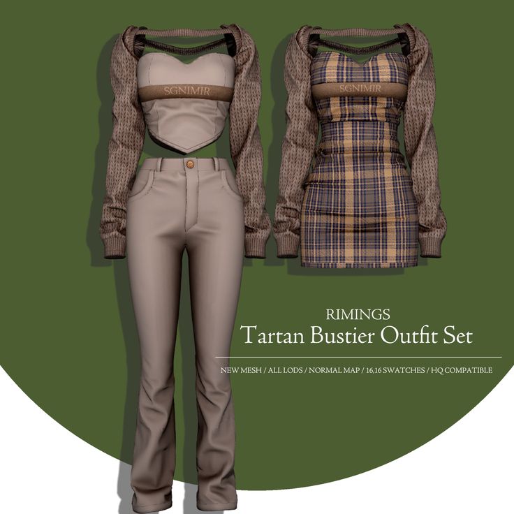 two different outfits are shown on a green and white circular background with the words, rumings tartan buster outfit set