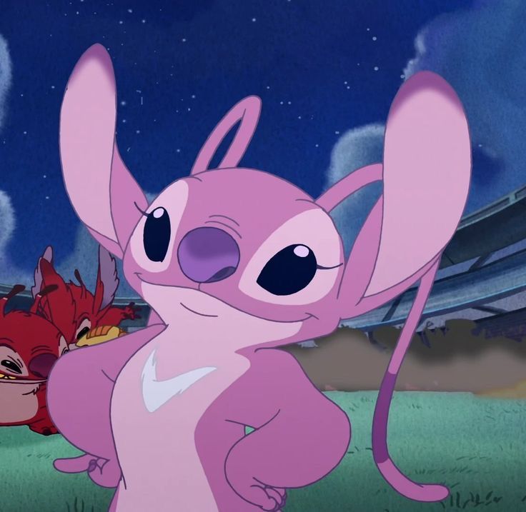 two cartoon characters are standing in the grass at night, one is holding onto another character's tail