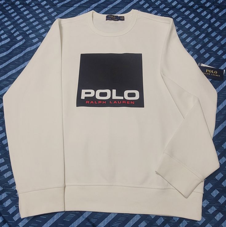 Polo Ralph Lauren Sweatshirt Size: L Color: White/Black/Red White Logo Print Sweater For Fall, White Cotton Sweater With Logo Print, Classic White Sweater With Letter Print, Classic White Letter Print Sweater, Classic White Crew Neck Sweatshirt, Classic Long Sleeve Tops With Logo Print, Champion Clothing, Polo Ralph Lauren Hoodie, Ralph Lauren Fleece