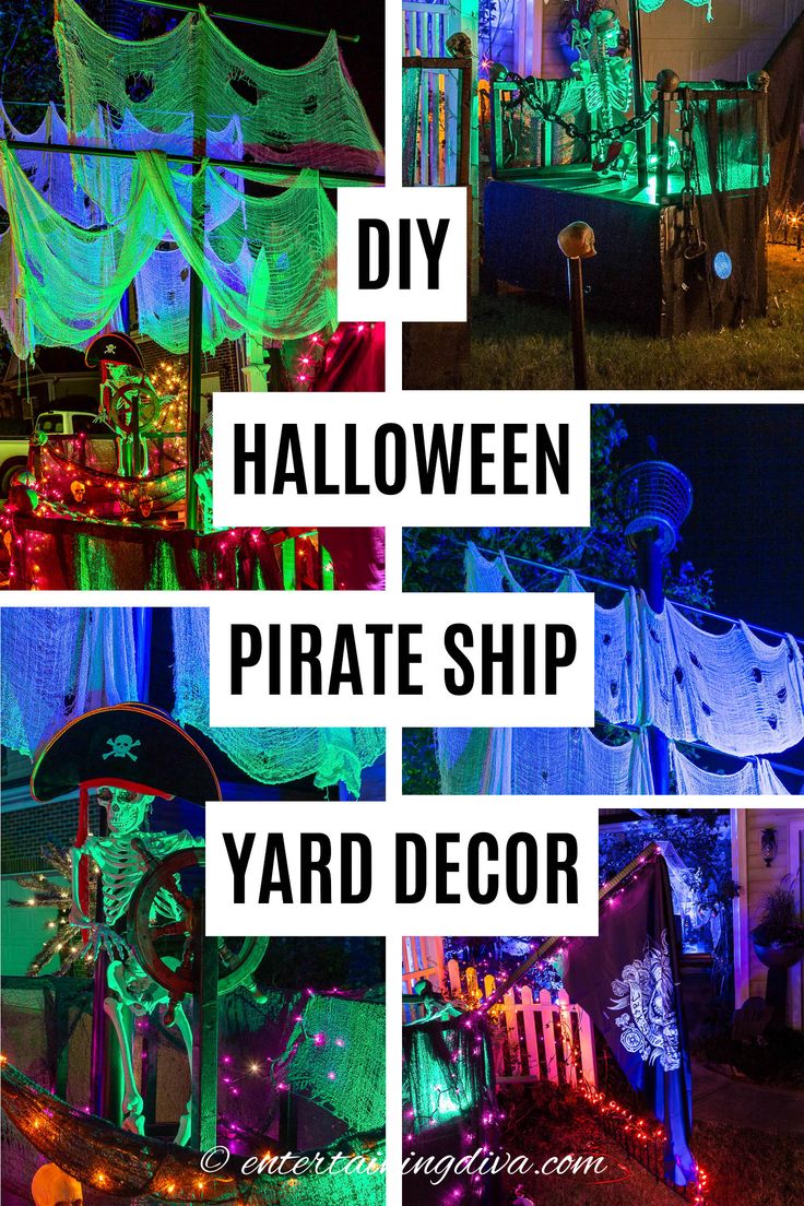 DIY Pirate Ship Halloween Decor Halloween Pirate Ship Decorations, Pirate Decorations Halloween, Outdoor Pirate Halloween Decorations, Easy Pirate Decorations, Haunted Pirate Ship Halloween, How To Build A Pirate Ship For Halloween, Pirate Halloween Yard Display, Pirate Ship Decorations Diy, Haunted Pirate Ship Decorations