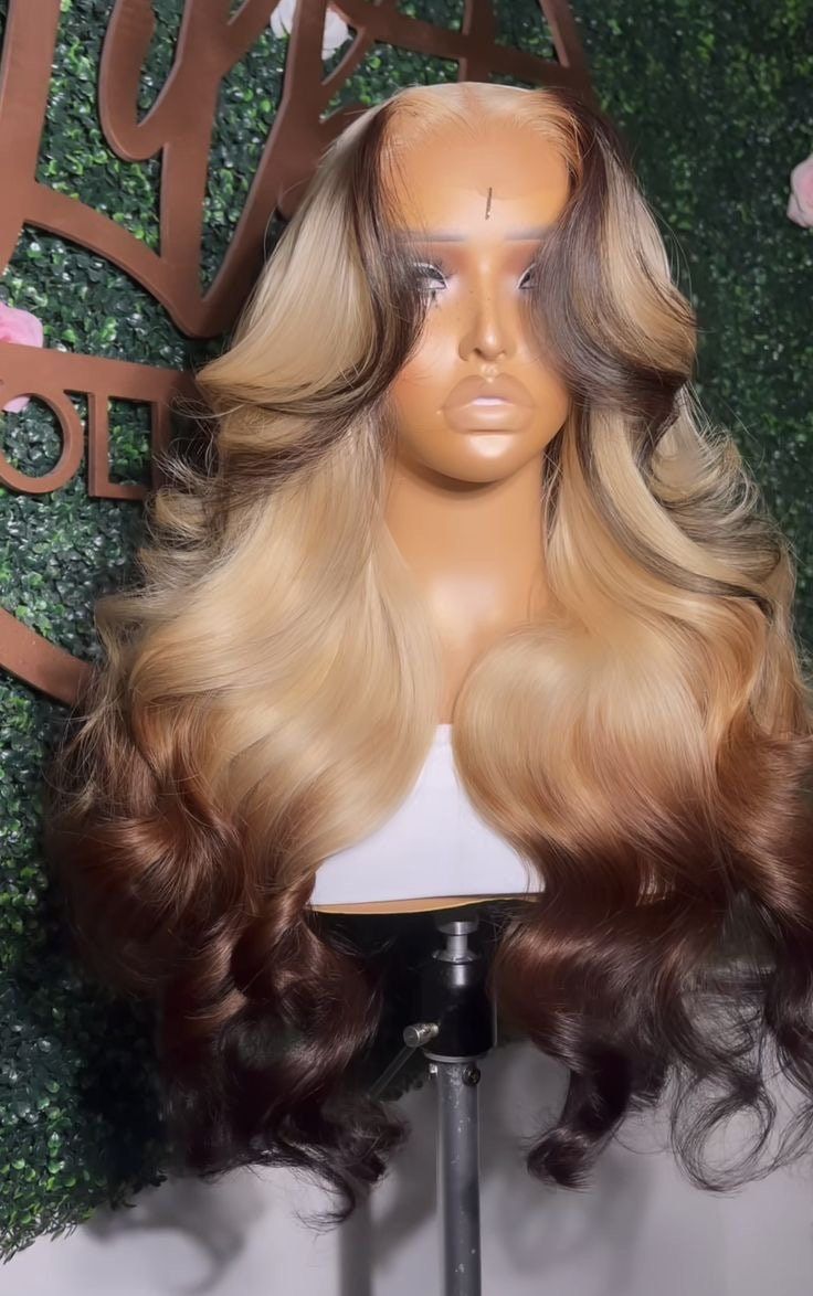 Leilani is a 13x4 brown and blonde highlighted and layered wig. This wig is handmade by me and my team. Black Women Wig Hairstyles Color, Two Tone Lace Front Wigs, Wig Hair Dye Ideas, Blonde And Black Lace Front Wigs, Wig Color Ideas Light Skin, Prom Hairstyles Color, Blonde Hair Color Ideas Wigs, 613 And Brown Wig, Weave Colors For Black Women